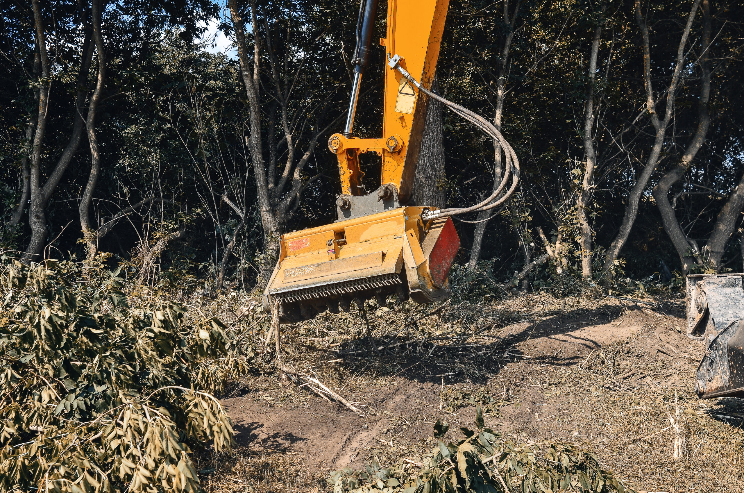 Forestry mulcher attachment on an excavator arm