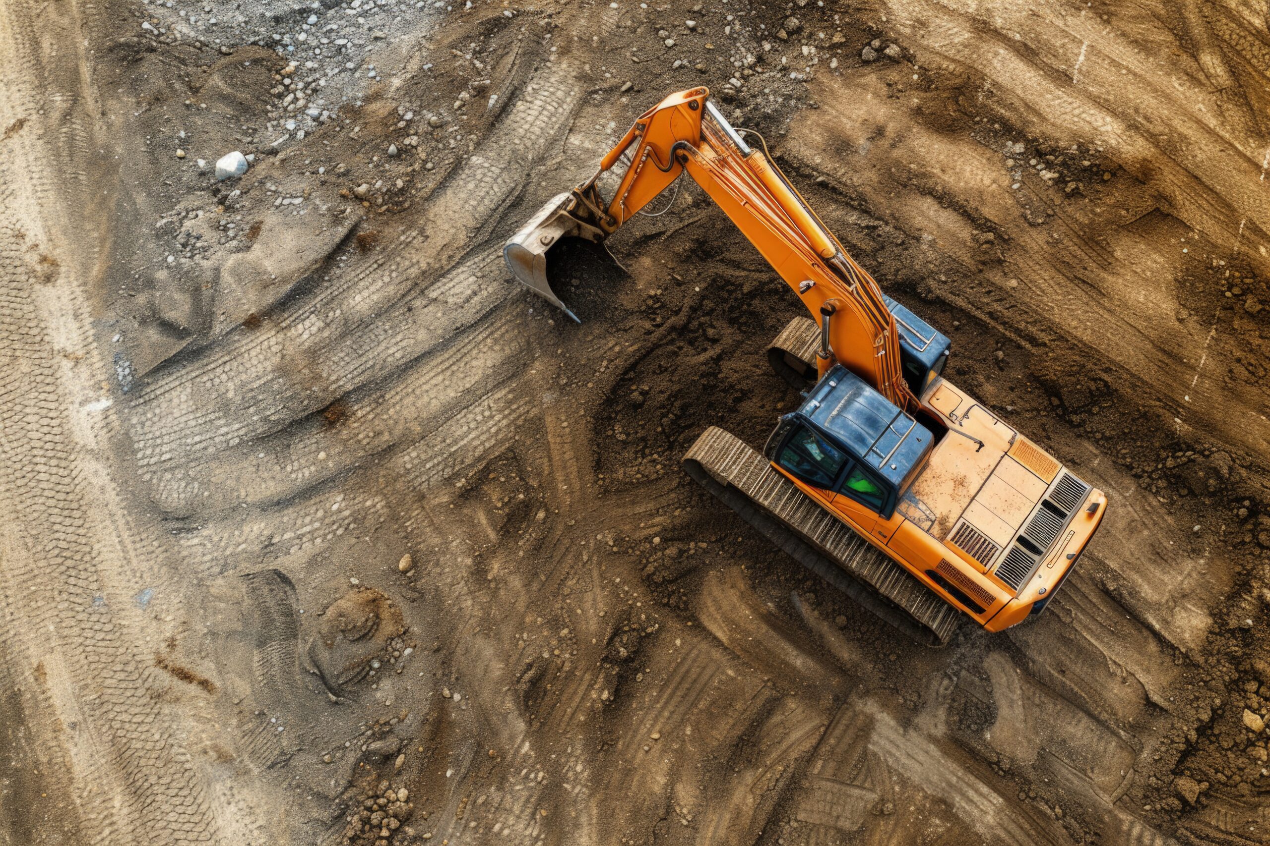 Aerial view of a large orange excavator at a job site.