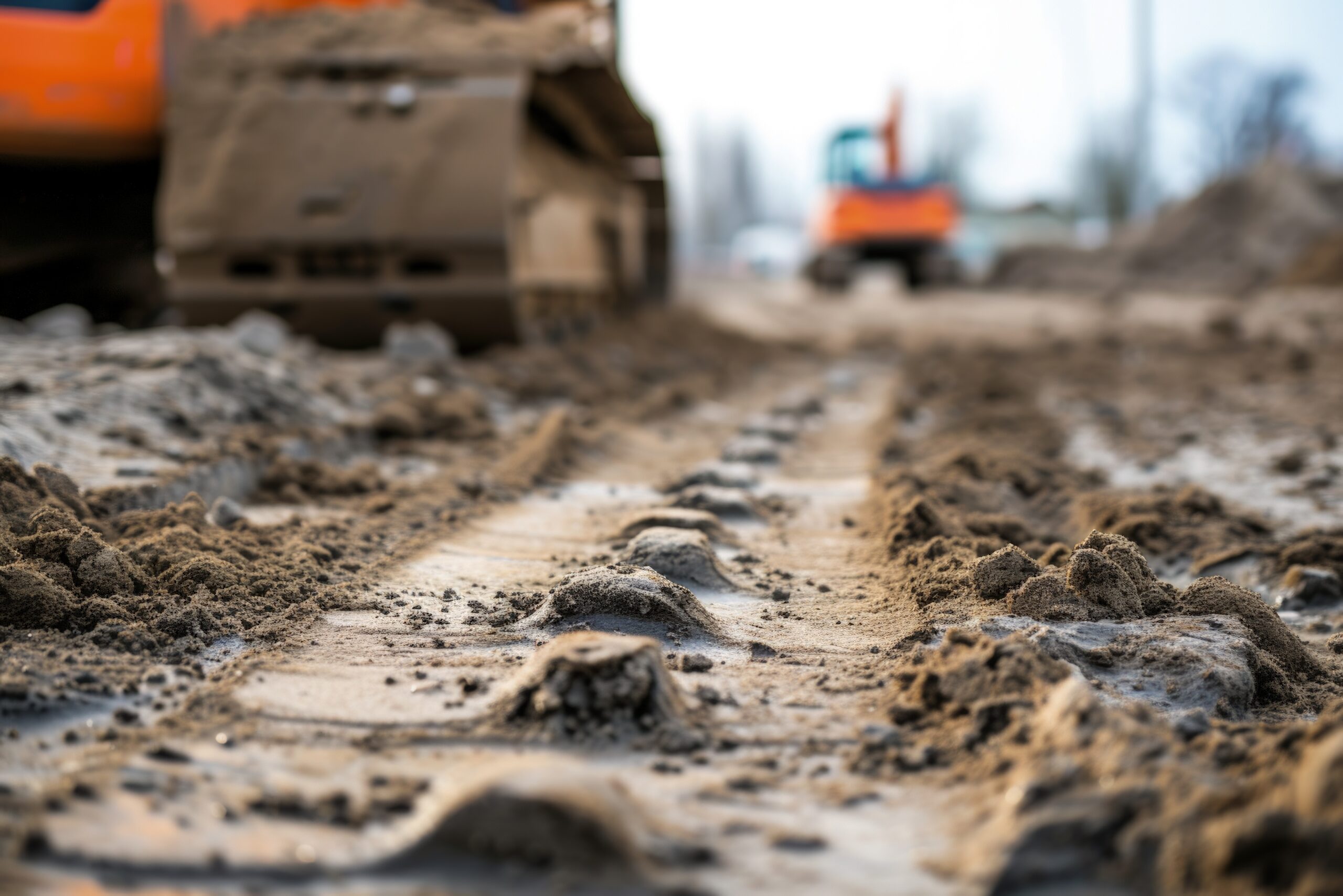 Close-up of excavator track marks in mud and dirt.